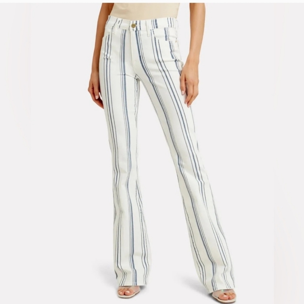 Frame Denim Ivory and Navy Striped Wide Leg Jeans